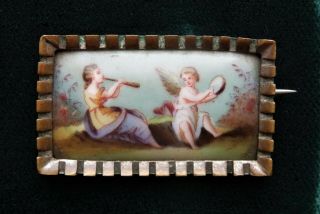 Antique German Hand Painted Porcelain Cherub Angel Brooch Pin
