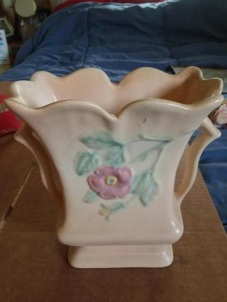 Vintage Hull Pottery - Rose Two - Handled Vase 6 1/2 -