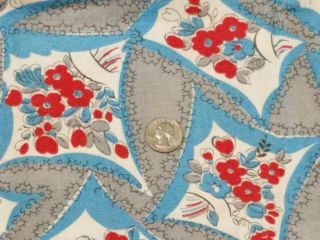 Vintage Feedsack: Red Flowers On Turquoise And Gray