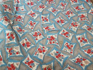 Vintage Feedsack: Red Flowers on Turquoise and Gray 2