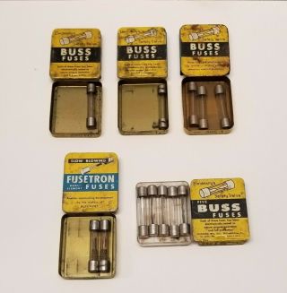 5 Tins Of Assorted Vintage Buss Fuses - Glass Fuses -