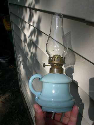 Scarce Old 1870s Blue Bristol Glass Antique Finger Oil Lamp U.  S.  Made A,