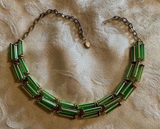 Vintage Necklace,  Choker Length With Green & White Stripe Tubular Settings