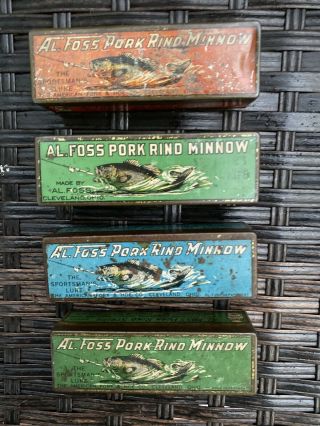 4 Vintage Al Foss Lures & Tins Old Fishing Lures Nr