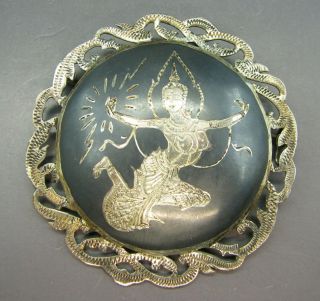 Vintage Siam Sterling Silver Black Enamel Hindu Goddess Pendant Brooch Pin Nello