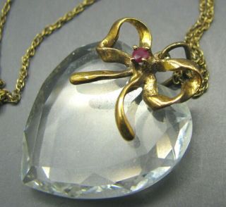 Sterling Silver Chain Necklace Ruby Ribbon Bow Pendant Crystal Heart Lenox Vtg