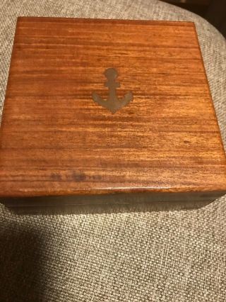 Solid Wood Box With Anchor Brass Inlay 6 " Square 2.  5 " Deep Vintage