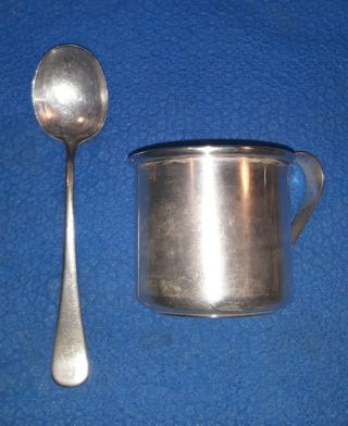 Vintage Sterling Silver Baby Cup.  925 And Silver Plated Baby Spoon 2