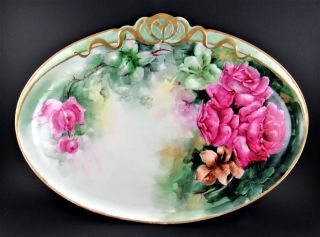 Vintage Porcelain Hand Painted Gorgeous Flowers Tray Platter 14 " X 9 1/2 " (e51)