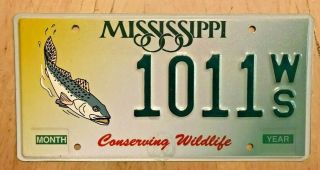 Mississippi Conserving Wildlife Auto License Plate " 1011 Ws " Ms Fish Fishing