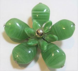 Vintage Signed Accessocraft Nyc Green Glass Flower Gold Tone Brooch Pin 30g
