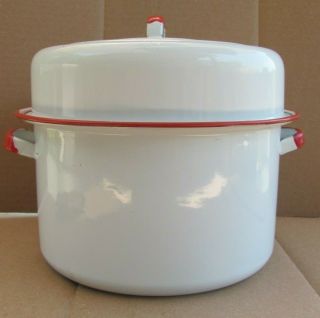 Vintage White With Red Trim Enamel Ware Stock Pot With High Lid