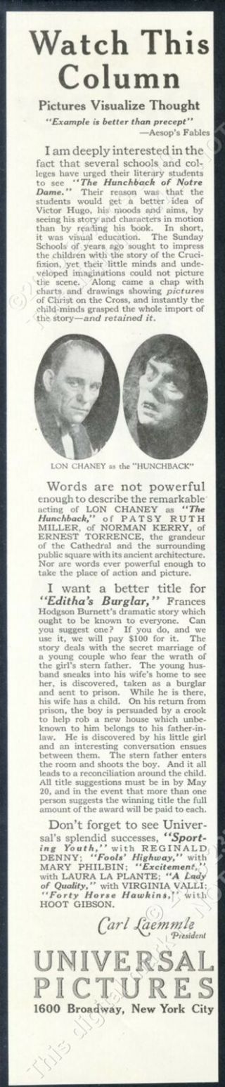 1924 Lon Chaney Photo As The Hunchback Of Notre Dame Movie Vintage Print Ad