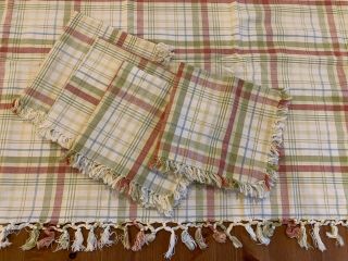 Vintage April Cornell 36” X 36” Square Tan Plaid Table Cloth W/4 Napkins 2