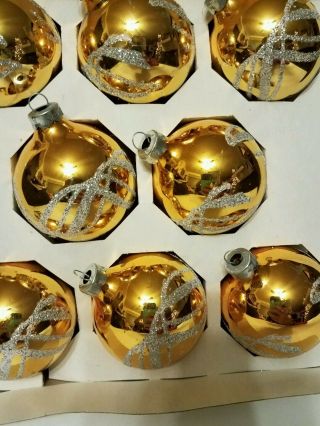 Box Of 8 Vtg Bright Gold Color Glitter Round Glass Christmas Ornaments 2 1/4 "