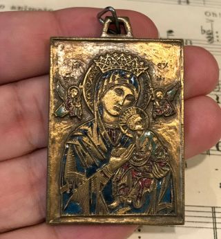 Large Antique French Bronze Enameled Religious Medal Madonna Child Angels C1920
