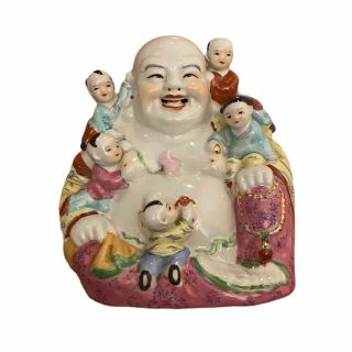 Chinese Porcelain Happy Laughing Buddha Statue With 5 Kids 8.  5” Tall
