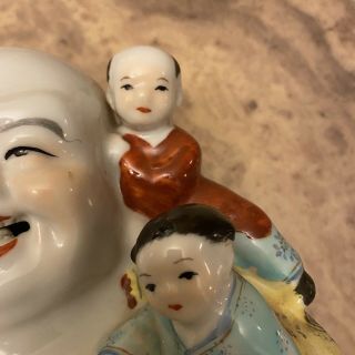 Chinese Porcelain Happy Laughing Buddha Statue with 5 Kids 8.  5” Tall 2