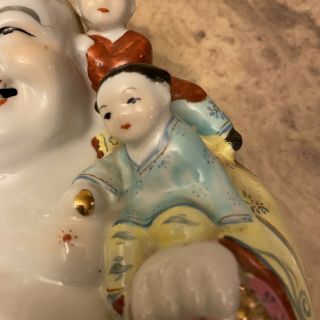 Chinese Porcelain Happy Laughing Buddha Statue with 5 Kids 8.  5” Tall 3