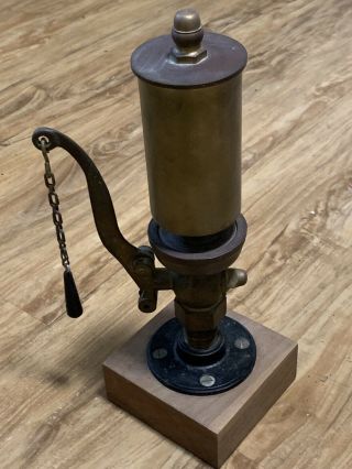 Antique Brass Steam Whistle 10” Tall Mounted On Wooden Base