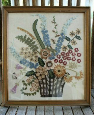Vintage Crewel Embroidery Framed Wall Art.  Flowers In A Basket