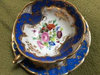 19th C Antique Old Paris Porcelain Cup & Saucer W Pink Roses And Spring Flowers