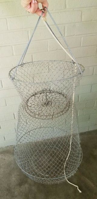 Vintage Collapsible Metal Wire Mesh Live Fish Basket Fishing Net Cabin Lake