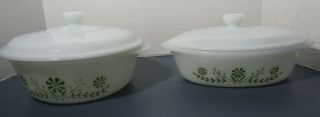Two Vintage Glasbake Covered Casserole Dishes White With Green Daisy Euc