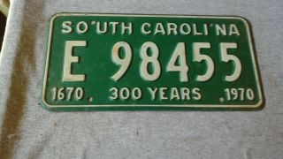 License Plate Tag South Carolina Sc E 98455 1970 300 Years Vintage Rustic Usa
