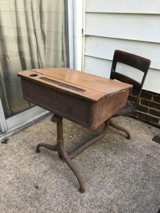 Old Vintage School Desk With Ink Well