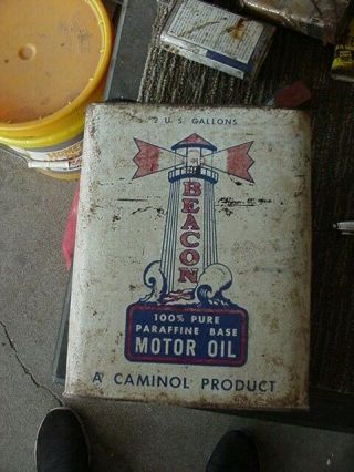 Vintage 2 Gallon Beacon 100 Motor Oil Can W Rust & Holes Ht