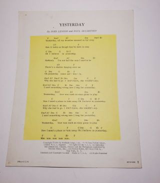 Yesterday Vintage Sheet music By John Lennon Paul McCartney 1965 Maclen 2
