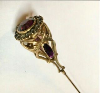 Very Large Antique Hatpin With Faceted Amethyst Glass And Rhinestones