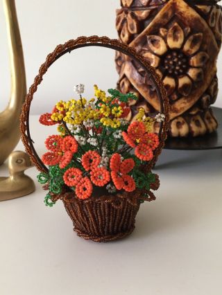 Vintage French Beaded Flowers And Basket