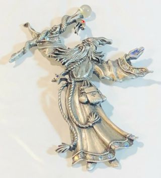 Vintage Jj Jonette Jewelry Pewter Rhinestone Magical Wizard Serpent Brooch Pin
