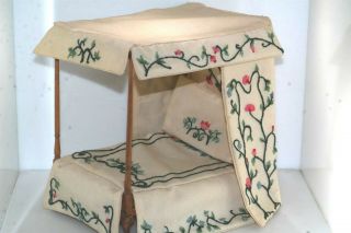 Sgnd Antique Four Poster Canopy Rope Bed Embroidered Cover Dollhouse Miniature