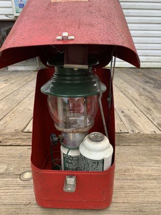 Vintage Coleman Lantern In Red Metal Carrying Case