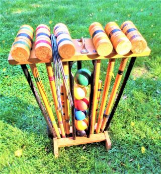Vintage Complete Wood Croquet Set Solid Wood Balls With Cart And Mallets Antique