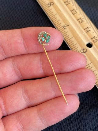 Antique Victorian 10k Gold Seed Pearl Moon Clover Enamel Shamrock Stick Pin 2”
