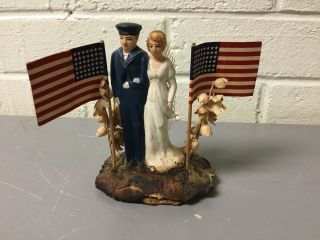 Antique Vtg Military Navy Wedding Cake Topper 48 Stars Chalkware Ceramic Flapper