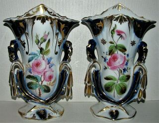 Pair Victorian Old Paris Porcelain Spill Vases Hp Floral Roses Flow Blue Trim