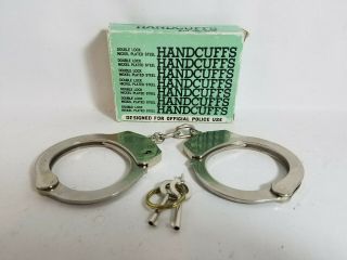 Vintage Double Lock Nickel Plated Steel Handcuffs W/2 Keys