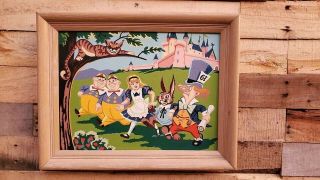 Vintage 1960s Paint By Number Disney Framed Art - Alice In Wonderland & Pinocchio