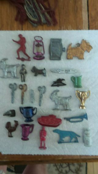 25 Antique Mini Metal Cracker Jack Toys Dog,  Scissor,  Goat,  Lantern,  Trophy,  Horn