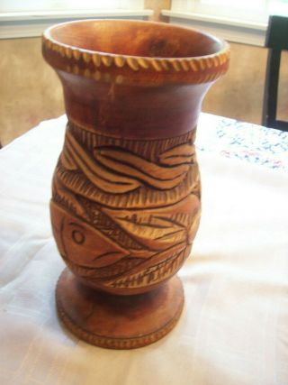 Vintage Pedestal Vase Hand Carved Turned Wood Fish Natural Crafted