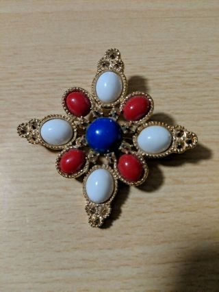 Vintage Sarah Coventry Red White Blue Cabochon Brooch Americana Signed Gold Tone