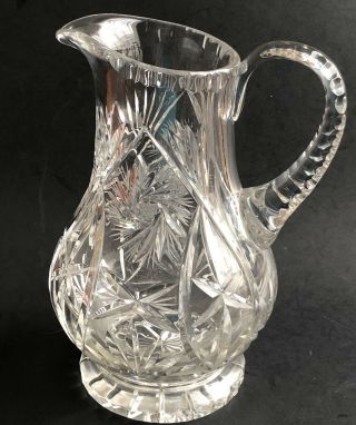 Vintage Cut Glass Crystal Pitcher Notched Top Handle 9” Tall Etched Star Fan