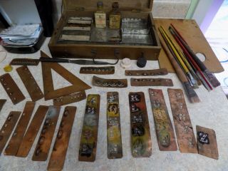 Antique Art Set Wood Box Thin Copper Stencils Paint Brushes And More