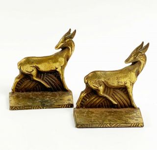 Antique Vintage Art Deco Style Cast Iron Gold Gilt Stylized Gazelle Book Ends