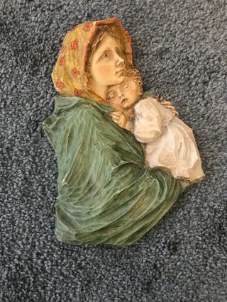 Vintage Signed Blessed Mother And Child Painted Resin Wall Plaque